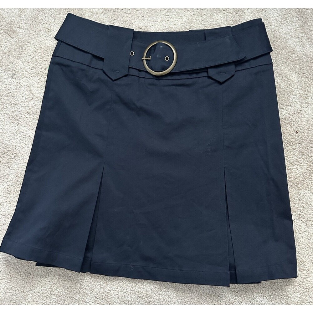 NWT! Benetton 100% Cotton Blue Pleated Skirt Knee Length Belted A-line Sz 44